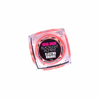 Product shot of neon pink, orange and purple UV loose pigments for eyes, lips and body