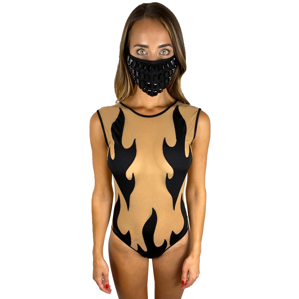 Black flame print nude mesh one piece bodysuit shown on its own for burlesque