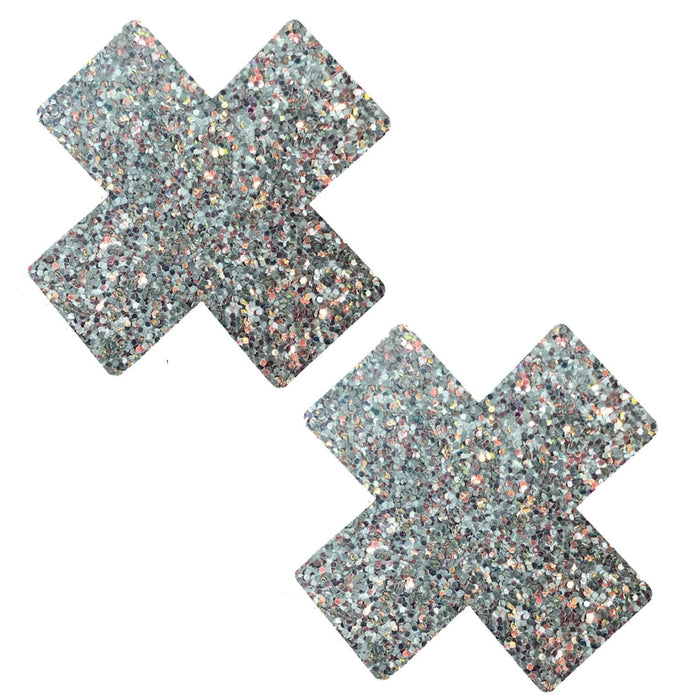 Grey glitter reflective X nipple pasties with blue reflective flash