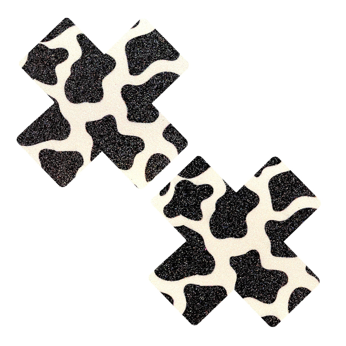 Cow print glitter holographic X shaped nipple pasties shown on their own