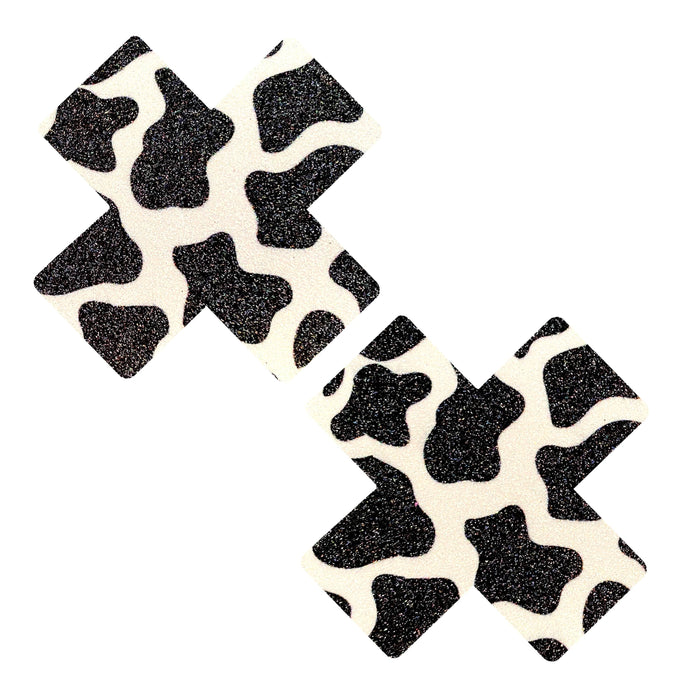 Cow print glitter holographic X shaped nipple pasties shown on their own