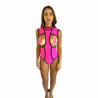 Standalone product shot of the neon pink blacklight peepers open cup bodysuit