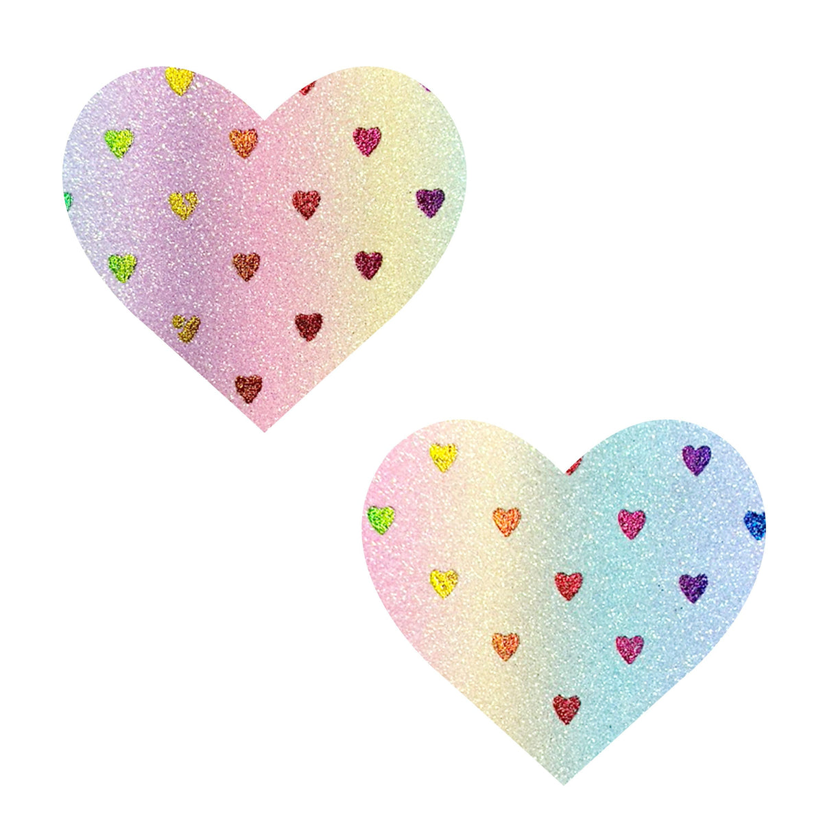 Front view of pastel multicolor holographic glitter heart nipple pasties with the full design visible