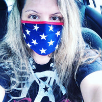 Model wearing blue and red star spangled face mask for a finished look