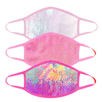 Pink glitter and sequin face masks shown together for a girly party