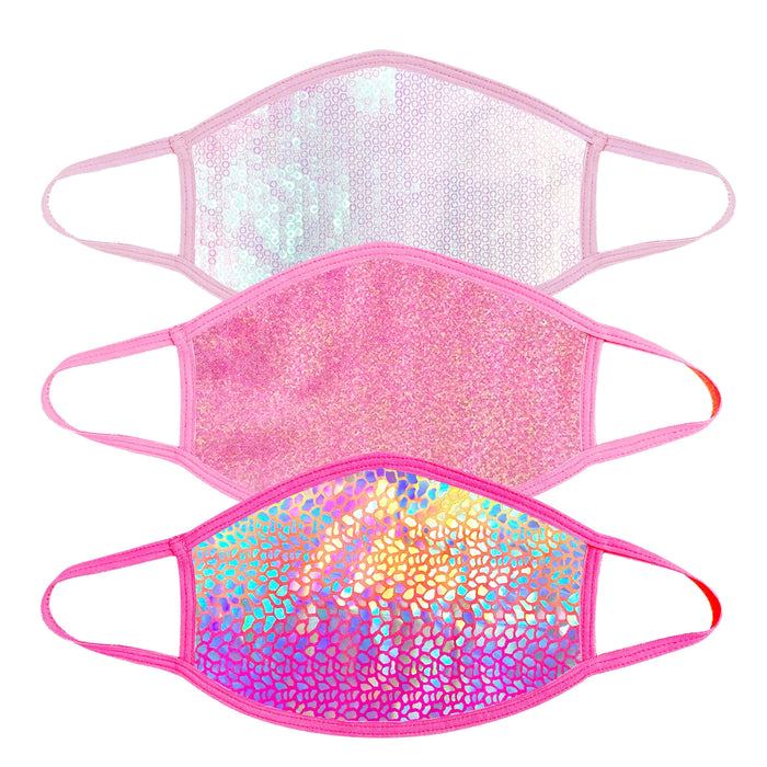 Pink glitter and sequin face masks shown together for a girly party