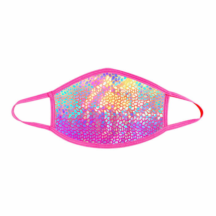 Rainbow holographic dino scale face mask for a festival party