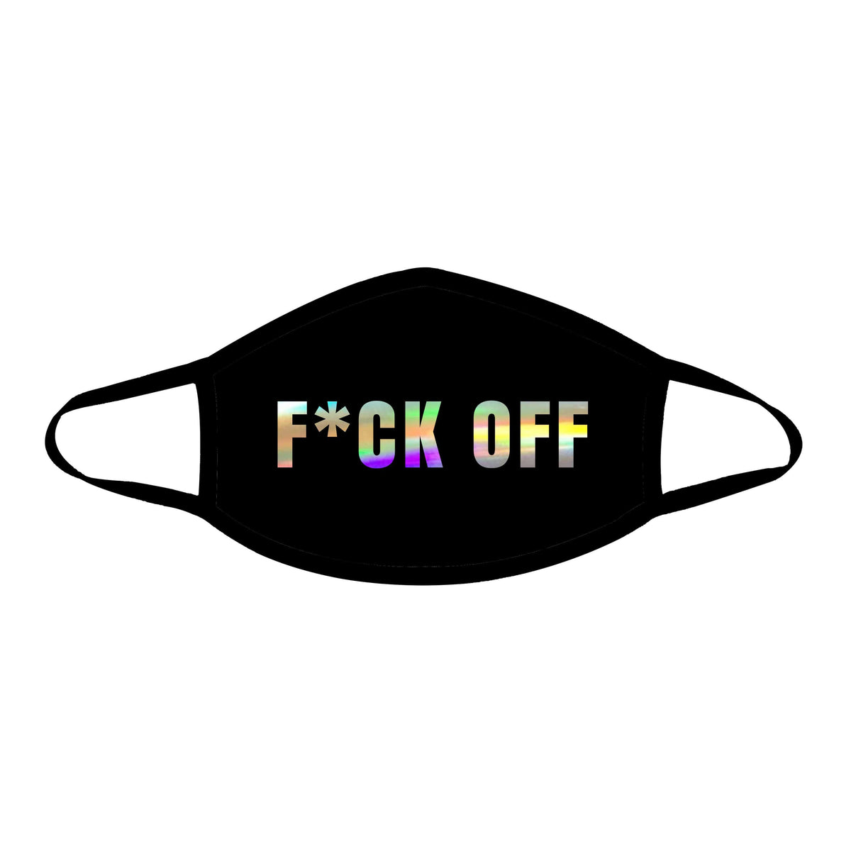 Black holographic statement face mask shown on a clean background