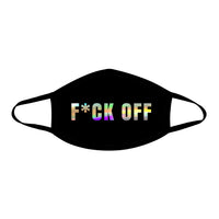 Black holographic statement face mask shown on a clean background