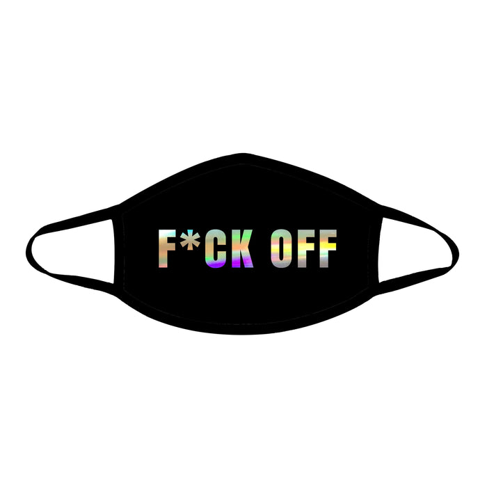 Black holographic statement face mask shown on a clean background
