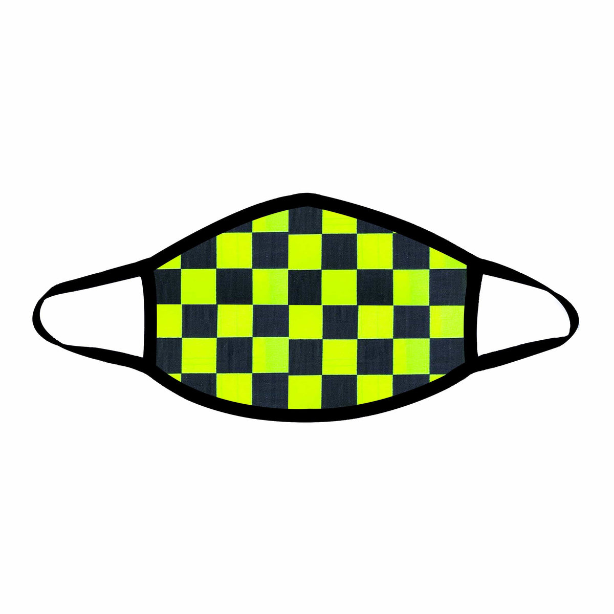 Neon green and black checkered face mask shown on a clean background