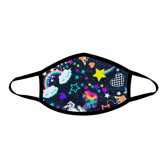 Black face mask with neon rainbow unicorn blacklight print shown on a clean background