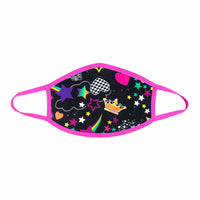 Front view of neon pink blacklight face mask with unicorn and rainbow print with the full design visible