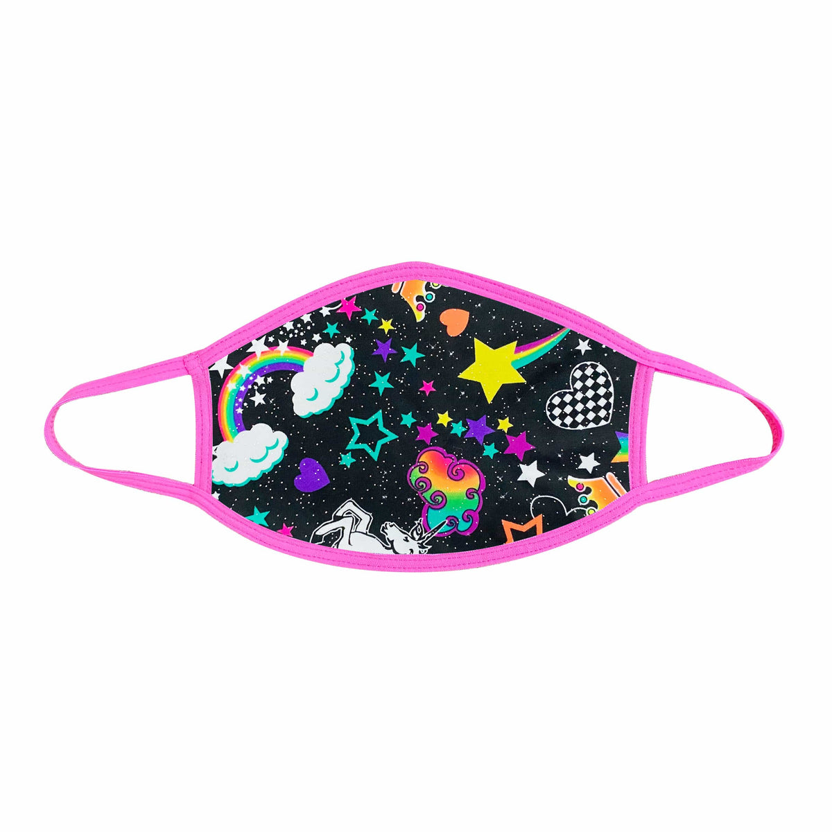 Neon pink blacklight face mask with unicorn and rainbow print shown on a clean background