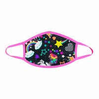 Neon pink blacklight face mask with unicorn and rainbow print shown on a clean background