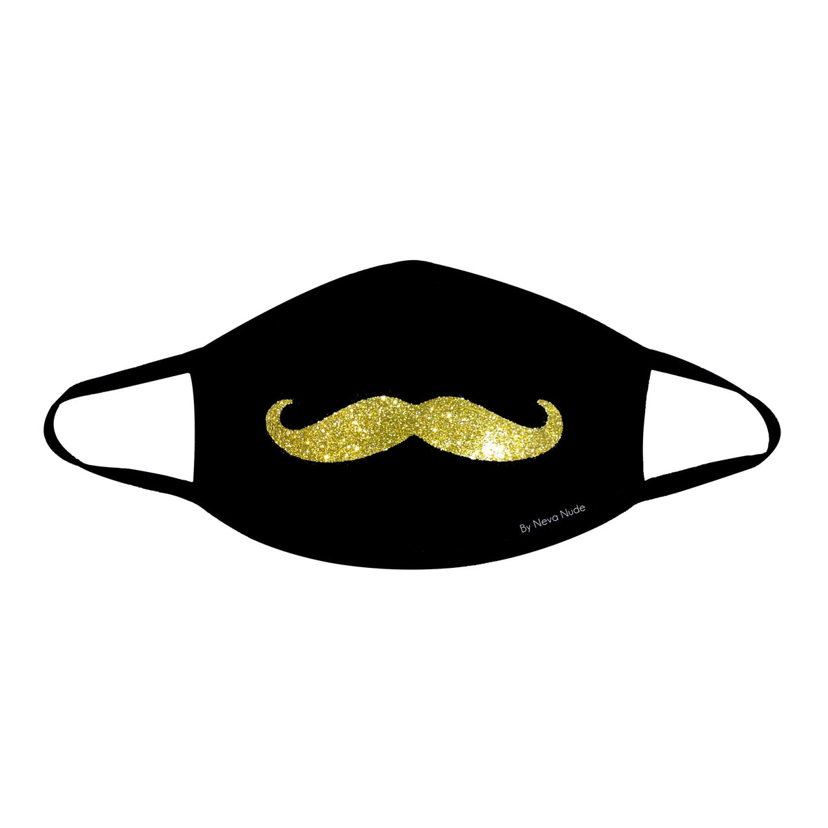 Black face mask with a gold glitter mustache shown on a clean background