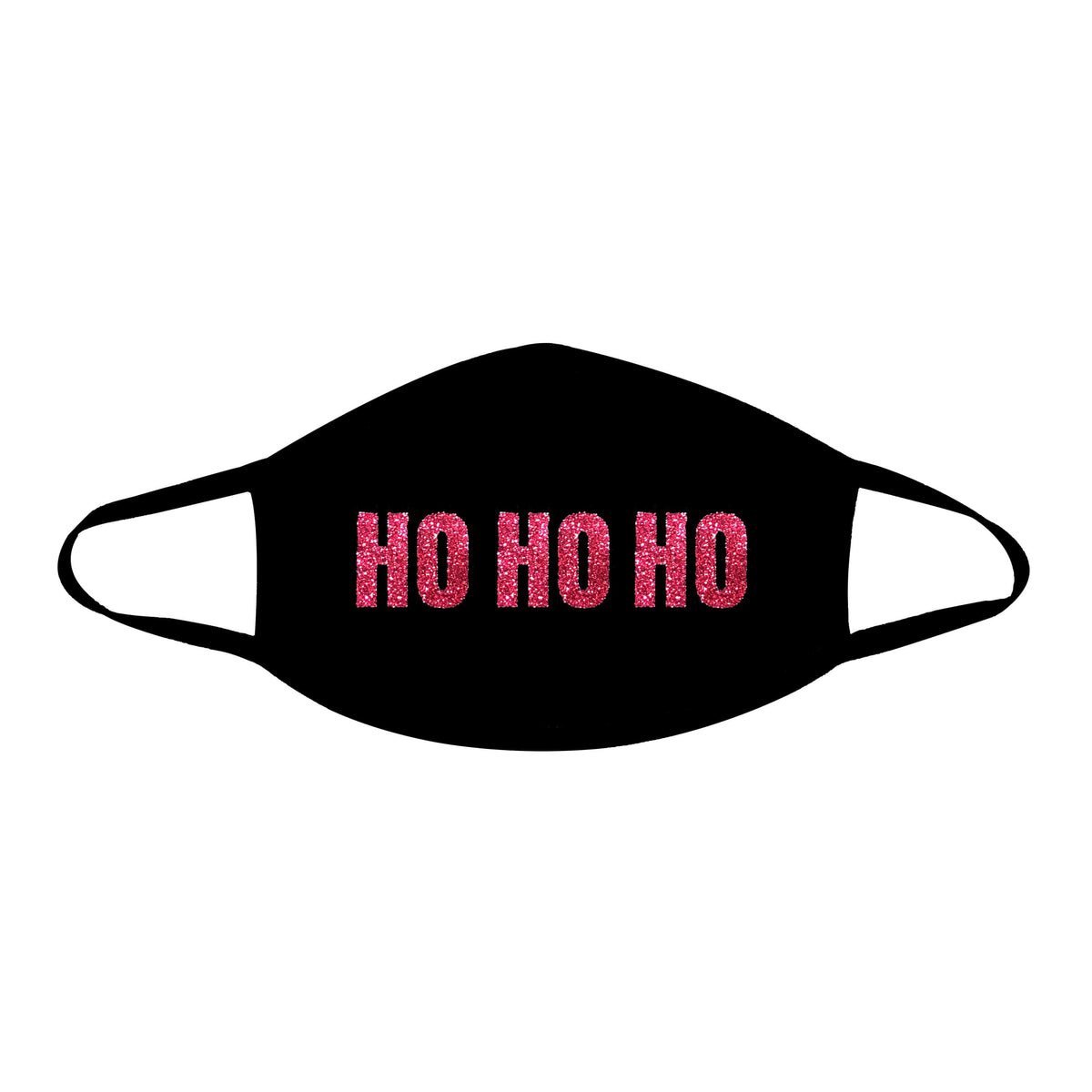 Red glitter lettering on a black face mask for a Christmas holiday party