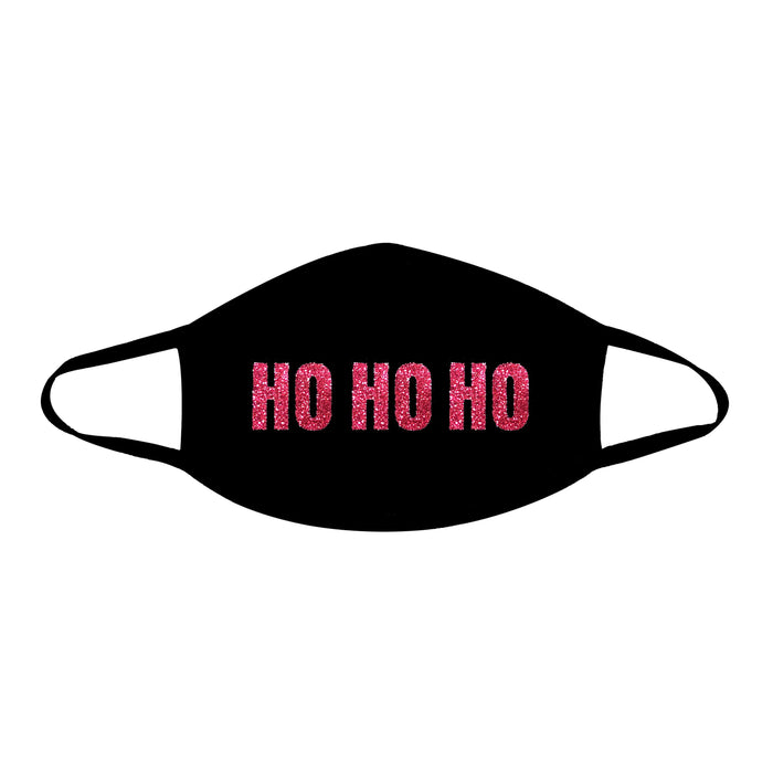 Red glitter lettering on a black face mask for a Christmas holiday party