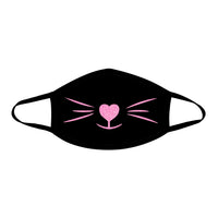 Black face mask with neon pink kitty whiskers that glow under blacklight shown on a clean background