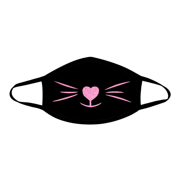 Black face mask with neon pink kitty whiskers that glow under blacklight shown on a clean background