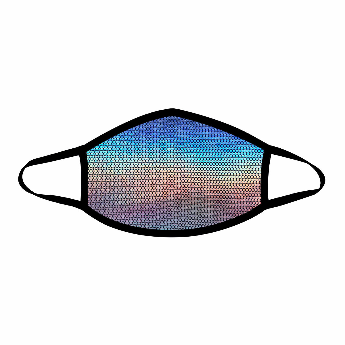 Front view of silver holographic disco face mask with the full design visible