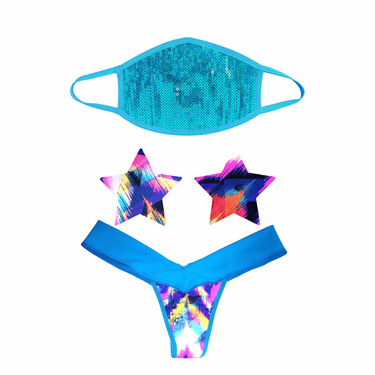 Blue sequin face mask with matching pasties and panties for a mermaid party