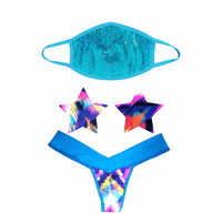 Blue sequin face mask with matching pasties and panties for a mermaid party