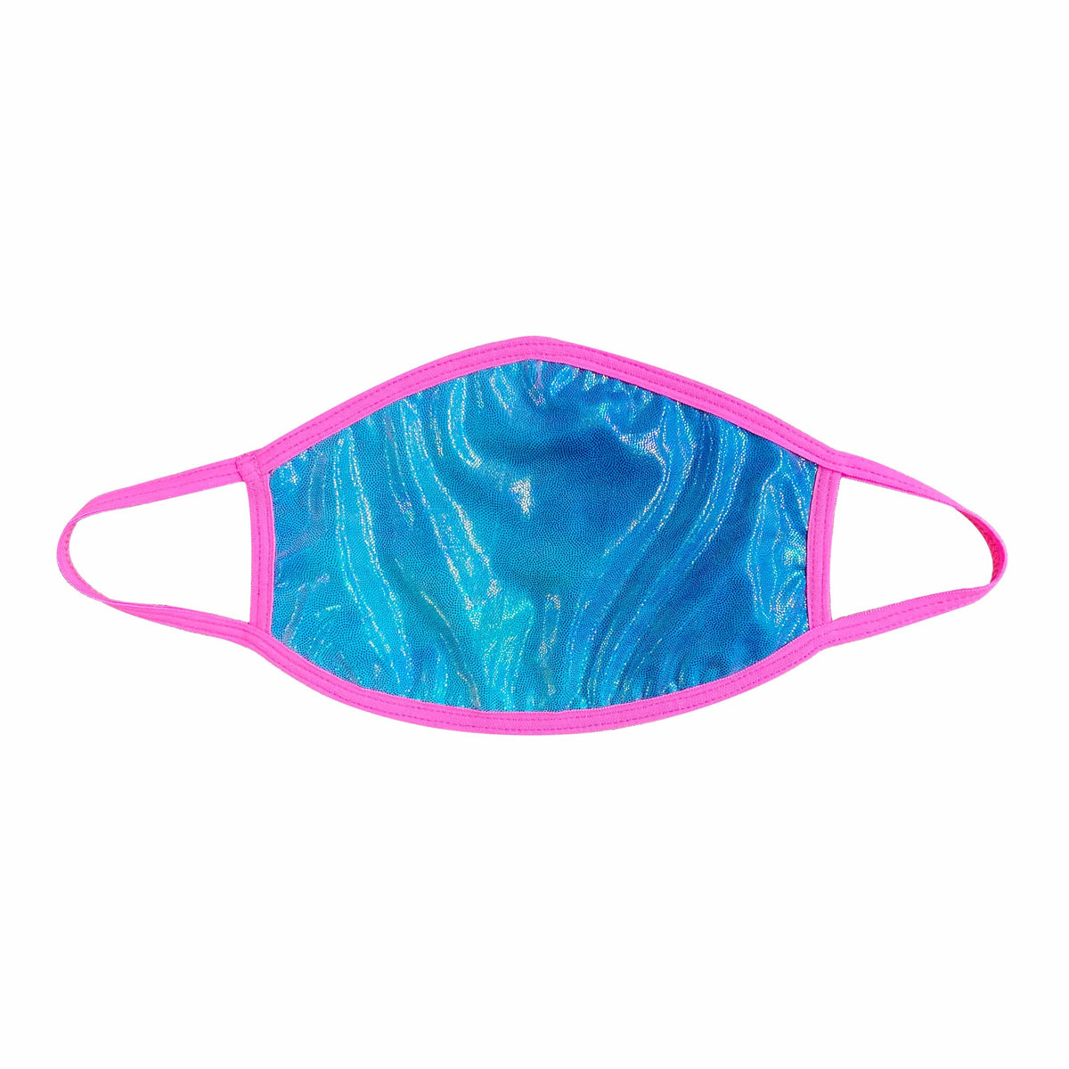 Blue oil slick holographic face mask with pink blacklight trim shown on a clean background