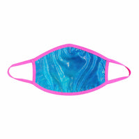 Blue oil slick holographic face mask with pink blacklight trim shown on a clean background