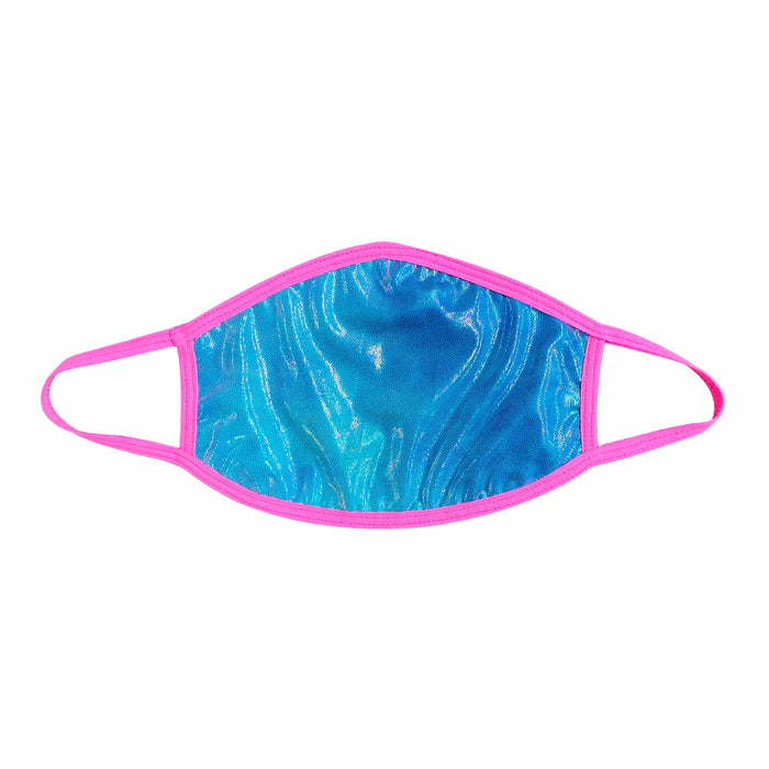 Blue oil slick holographic face mask with pink blacklight trim shown on a clean background