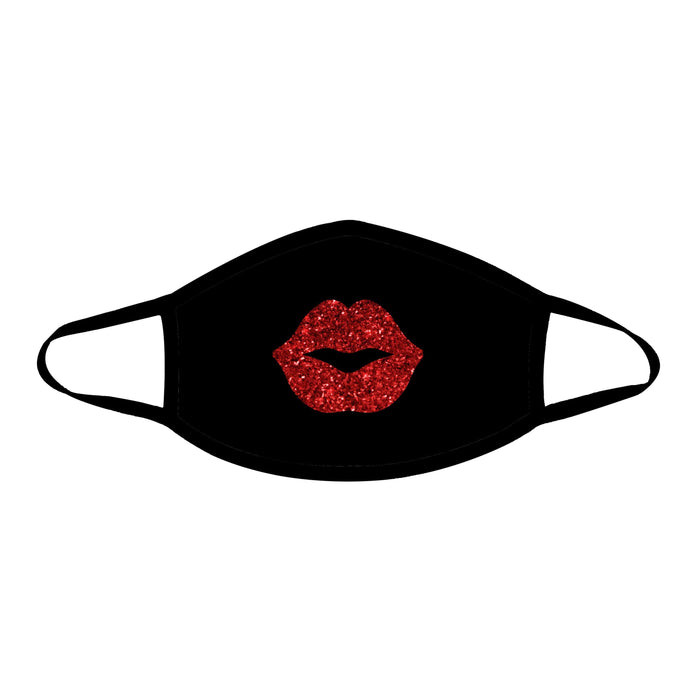 Black face mask with red glitter lips shown on a clean background