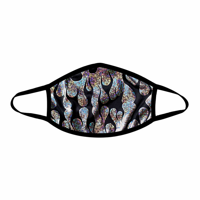 Silver holographic flame face mask for a cyberpunk disco night