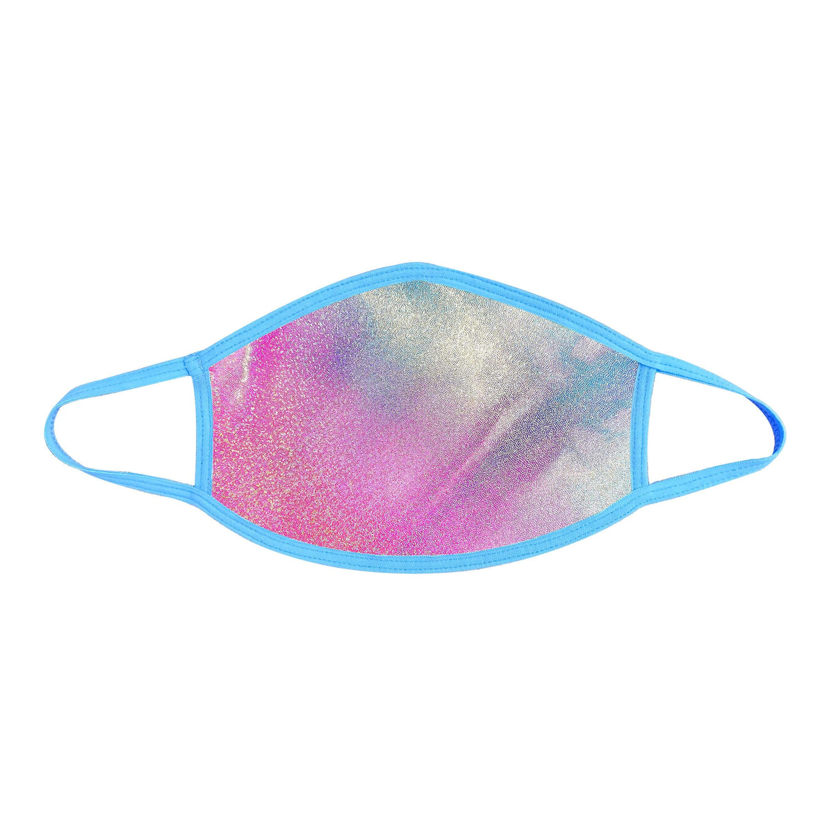 Pink and blue holographic face mask with matching pasties shown on a clean background