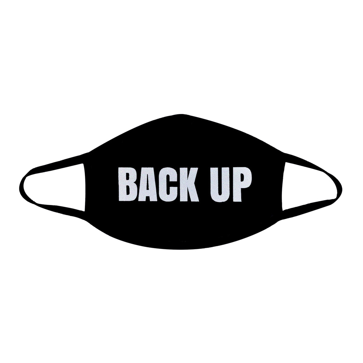 Black face mask with white glitter back up lettering shown on a clean background