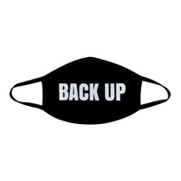 Black face mask with white glitter back up lettering shown on a clean background