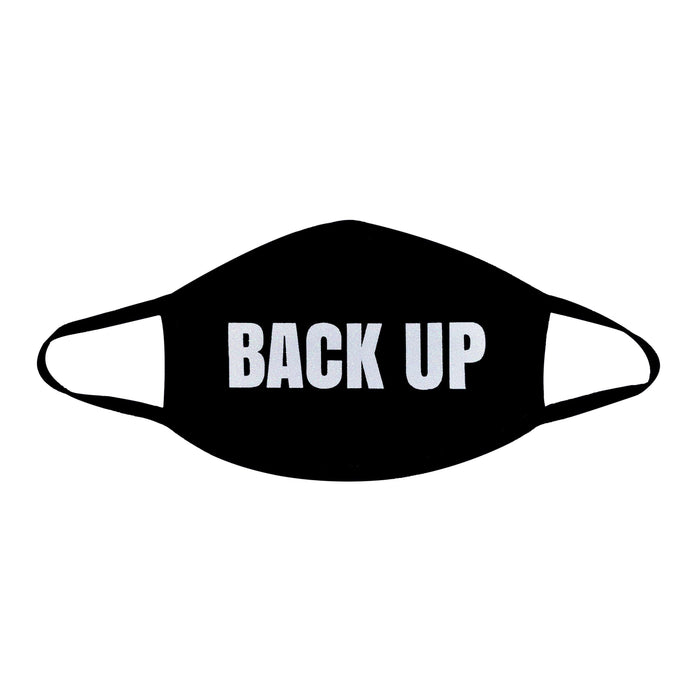 Black face mask with white glitter back up lettering shown on a clean background