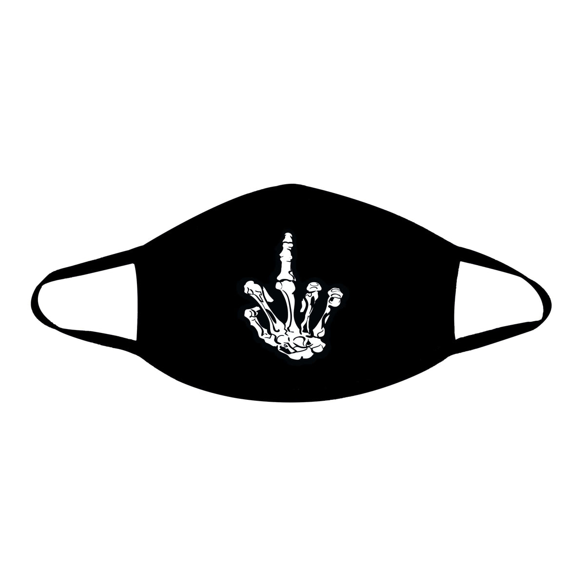 Black face mask with a skeleton middle finger print shown on a clean background