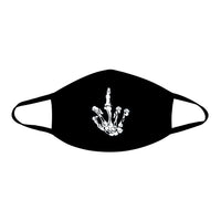 Black face mask with a skeleton middle finger print shown on a clean background