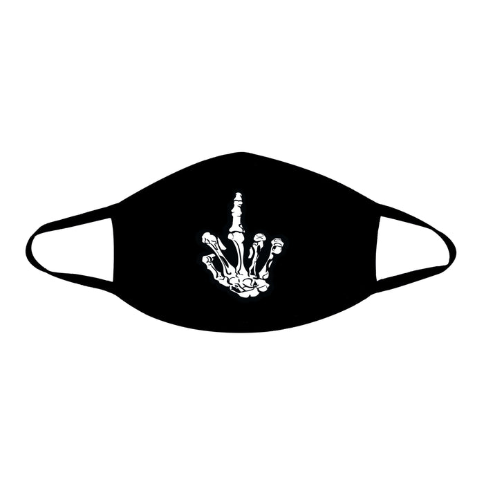 Black face mask with a skeleton middle finger print shown on a clean background