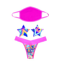 Neon pink UV face mask with matching pasties and panties for blacklight raves