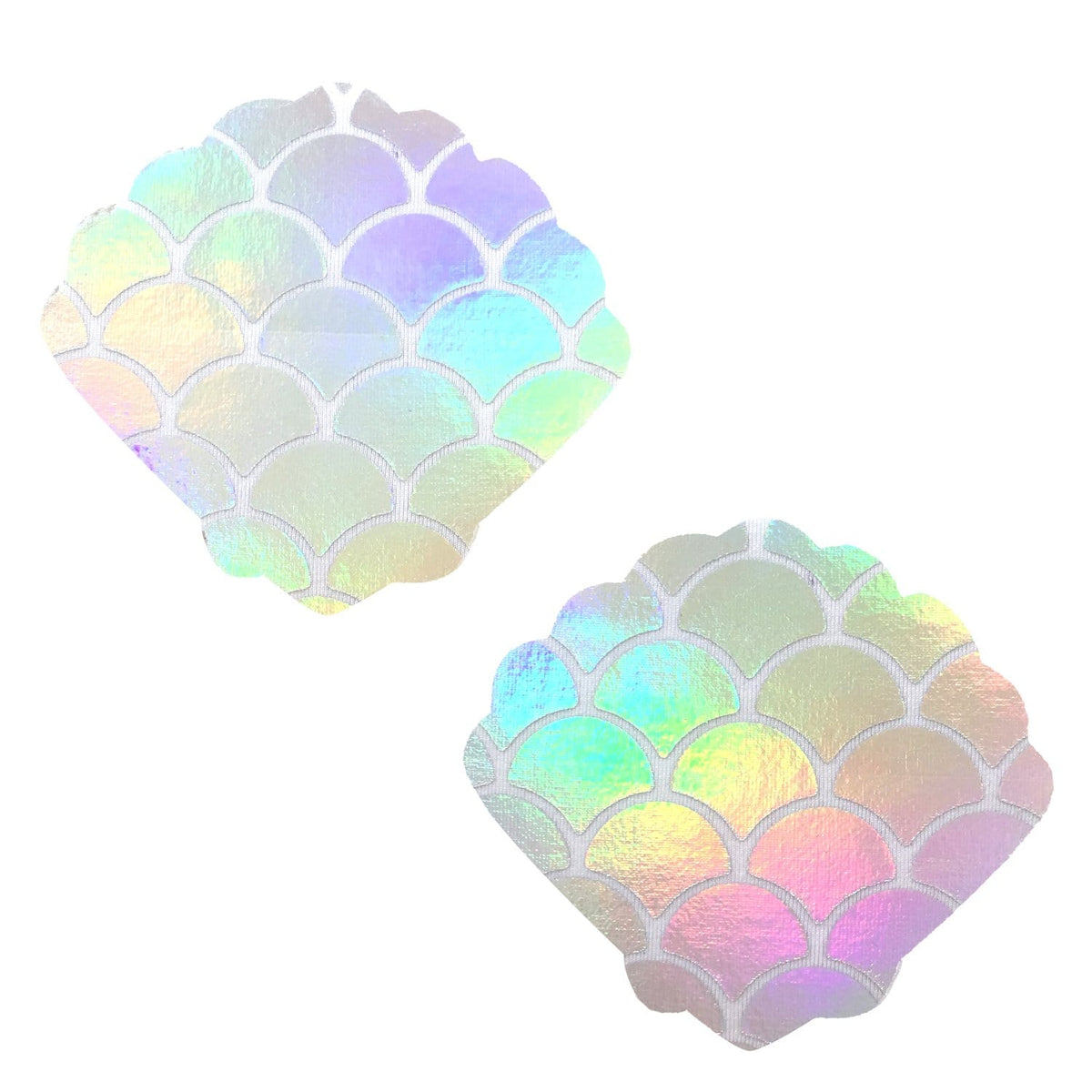 Pair of white iridescent holographic seashell nipple pasties with a mermaid shimmer
