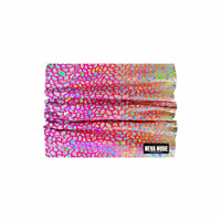 Third angle of the rainbow dino scale neck gaiter showing its holographic shift