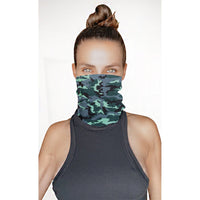 Model wearing the green black camo neck gaiter as a face cover