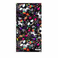 Black neon rainbow blacklight neck gaiter shown on its own with stars and clouds