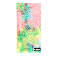 Rainbow tie dye velvet blacklight neck gaiter shown on its own