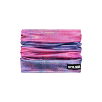 Alternate view of the pink blue holographic neck gaiter showing its shine