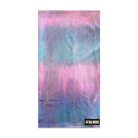 Pink blue holographic neck gaiter shown on its own for festival wear