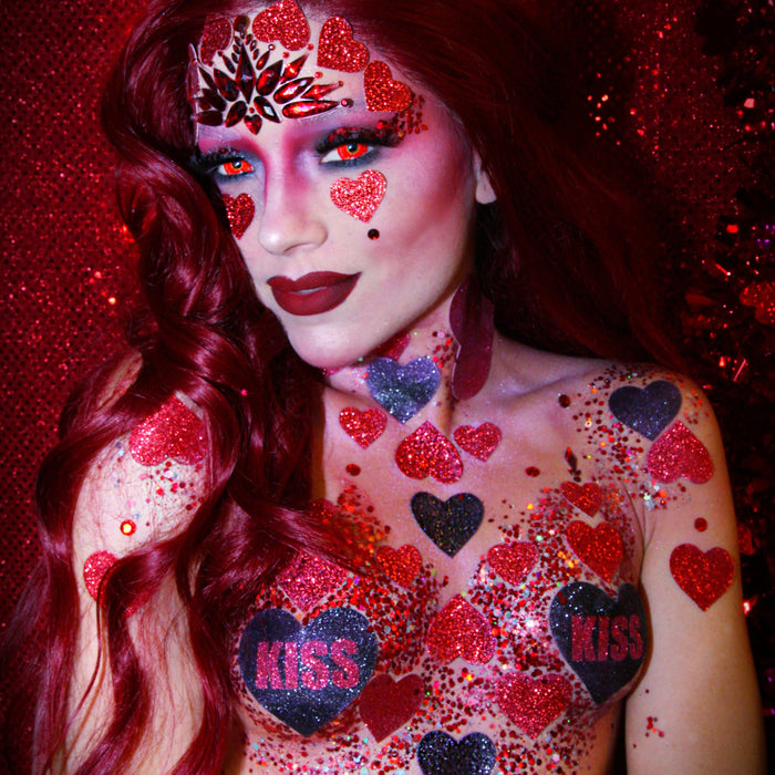 Red glitter and crystal Valentine makeup bundle shown on a clean background