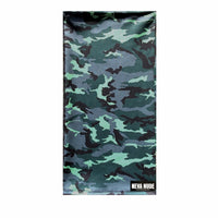 Green and black camouflage neck gaiter shown on its own, woodland print