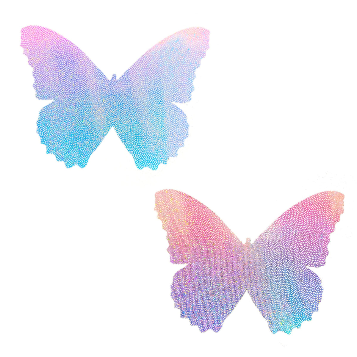 Blue pink iridescent butterfly nipple pasties, showing the color, finish and shape of the design